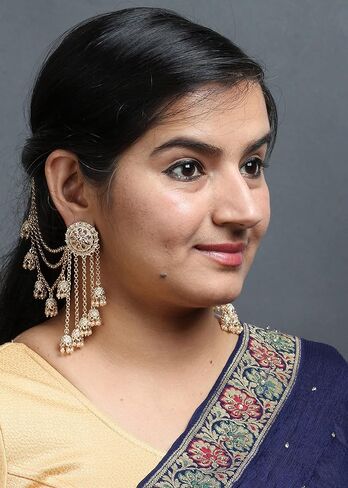 Bindhani أزياء بوليوود المجوهرات التقليدية العرقية الزفاف العروس إشبينة العروس الذهب مطلي كوندان اللؤلؤ قطرة Jhumka Jhumki رئيس سلسلة هندية باهي أقراط مجوهرات للنساء in Kuwait