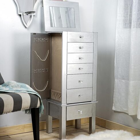 Hives and Honey Hannah Jewelry Armoire - Modern Silver Storage Organizer with Divided Drawers and Necklace Hooks - French-Inspired Design with Jewel-Like Pulls - Anti-Tarnish Felt Lining in Saudi Arabia