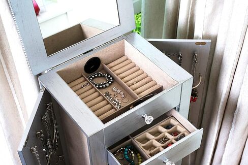 Hives and Honey Hannah Jewelry Armoire - Modern Silver Storage Organizer with Divided Drawers and Necklace Hooks - French-Inspired Design with Jewel-Like Pulls - Anti-Tarnish Felt Lining in Saudi Arabia
