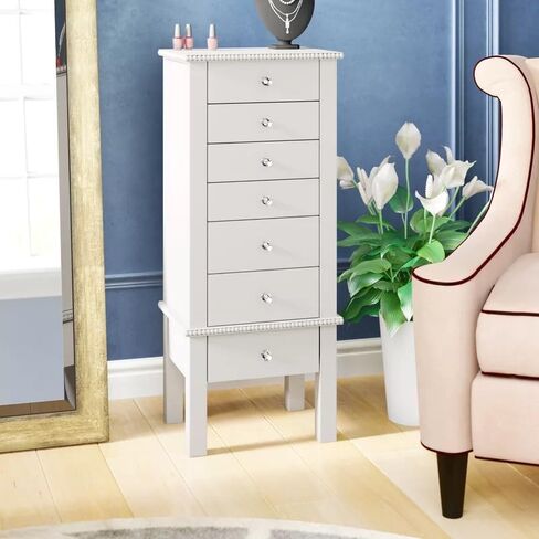 Hives and Honey Hannah Jewelry Armoire - Modern Silver Storage Organizer with Divided Drawers and Necklace Hooks - French-Inspired Design with Jewel-Like Pulls - Anti-Tarnish Felt Lining in Kuwait