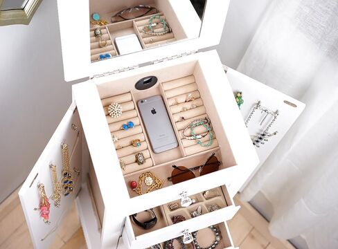 Hives and Honey Hannah Jewelry Armoire - Modern Silver Storage Organizer with Divided Drawers and Necklace Hooks - French-Inspired Design with Jewel-Like Pulls - Anti-Tarnish Felt Lining in Kuwait
