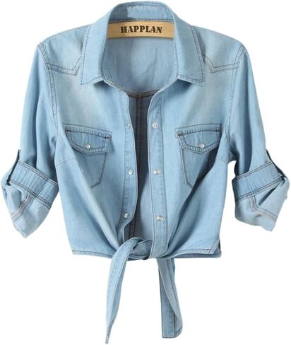 happlan Women's Loose Lapel 3/4 Sleeve Tie Knot Denim Shirt Short Crop Top in Kuwait