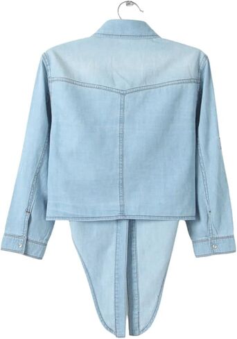 happlan Women's Loose Lapel 3/4 Sleeve Tie Knot Denim Shirt Short Crop Top in Kuwait