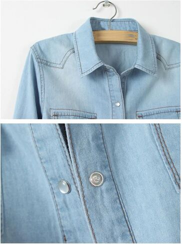 happlan Women's Loose Lapel 3/4 Sleeve Tie Knot Denim Shirt Short Crop Top in Kuwait