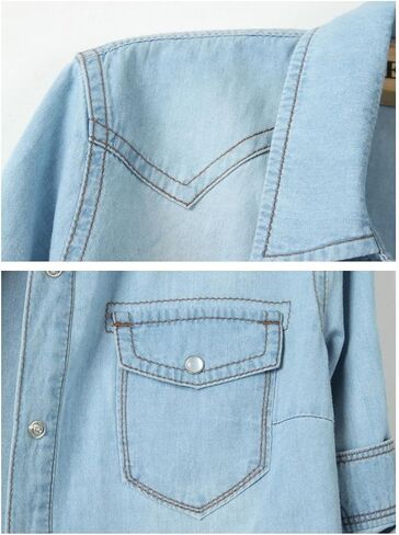 happlan Women's Loose Lapel 3/4 Sleeve Tie Knot Denim Shirt Short Crop Top in Kuwait