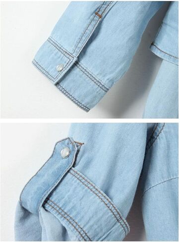 happlan Women's Loose Lapel 3/4 Sleeve Tie Knot Denim Shirt Short Crop Top in Kuwait