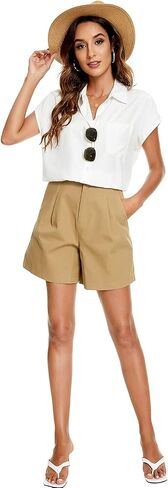 JMSHIHUA Womens Casual Button Down Short Sleeve Shirts Offiice Business Plain Blouses Tops with Pocket in Kuwait