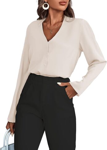 BROVAVE Women's Long Sleeve Shirts V Neck Business Casual Plain Work Blouses Tops in Saudi Arabia