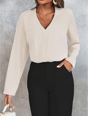 BROVAVE Women's Long Sleeve Shirts V Neck Business Casual Plain Work Blouses Tops in Saudi Arabia