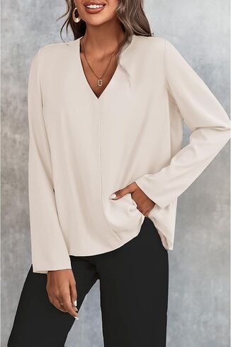 BROVAVE Women's Long Sleeve Shirts V Neck Business Casual Plain Work Blouses Tops in Saudi Arabia
