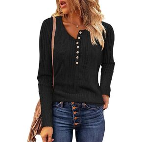 Zeagoo Womens Sweaters Ribbed Knit Slim Fit Long Sleeve Henley Shirts Pullover V Neck Button Basic Tops S-2XL