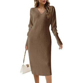 Yuebin Women's 2023 Fall V Neck Long Sleeve Sweater Dress Slim Fit Ribbed Knit Midi Dress in Saudi Arabia