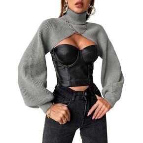 SweatyRocks Women's Lantern Sleeve Turtleneck High Neck Pullover Sweater Super Crop Top