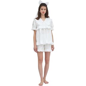 ULLALA Pajamas for Women Madely Short sleeve Two-Piece Ivory Vintage Soft Sleepwear 2Piece one Size Cotton in Kuwait