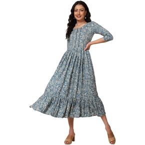 فستان Bani النسائي من مزيج القطن بنقشة الزهور، بياقة ياقة، 3/4 كم، طول ربلة الساق، فستان متوسط ​​الطول بنقشة الزهور للفتيات in Kuwait