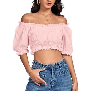 LYANER Women's Off Shoulder Ruffle Trim Ruched Short Sleeve Blouse Crop Top