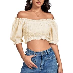 LYANER Women's Off Shoulder Ruffle Trim Ruched Short Sleeve Blouse Crop Top