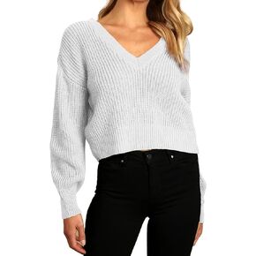 Jumppmile Women Crop Sweater V Neck Long Sleeve Knit Cropped Pullover Sweater