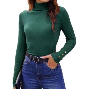 Hyipels Women's Turtleneck Sweater Long Sleeve Fitted Lightweight Soft Knit Pullover with Metal Buttons