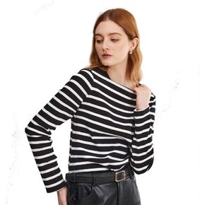 ASSUAL Women's Boat Neck Cotton Slim Fit Long Sleeve Striped Knit Sweater in Kuwait