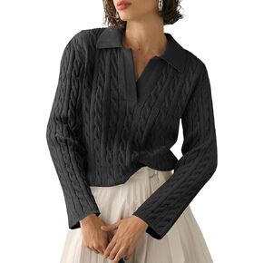 Saodimallsu Womens Cable Knit V Neck Sweater Fall Trendy Collared Long Sleeve Slouchy Loose Pullover Sweaters Tops