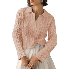 Saodimallsu Womens Cable Knit V Neck Sweater Fall Trendy Collared Long Sleeve Slouchy Loose Pullover Sweaters Tops