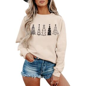 SOFEON بلوزات عيد الميلاد النساء مضحك أشجار عيد الميلاد الرسم كم طويل Crewneck قميص الشتاء بلايز فضفاضة بلوزة كاجوال in Kuwait