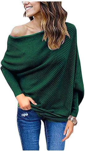 GOLDSTITCH Women's Off Shoulder Batwing Sleeve Loose Pullover Sweater Knit Jumper Oversized Tunics Top in Kuwait