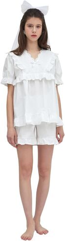 ULLALA Pajamas for Women Madely Short sleeve Two-Piece Ivory Vintage Soft Sleepwear 2Piece one Size Cotton in Kuwait