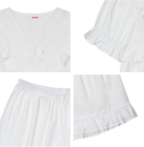 ULLALA Pajamas for Women Madely Short sleeve Two-Piece Ivory Vintage Soft Sleepwear 2Piece one Size Cotton in Kuwait