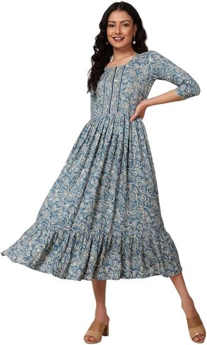 فستان Bani النسائي من مزيج القطن بنقشة الزهور، بياقة ياقة، 3/4 كم، طول ربلة الساق، فستان متوسط ​​الطول بنقشة الزهور للفتيات in Kuwait