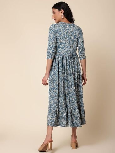 فستان Bani النسائي من مزيج القطن بنقشة الزهور، بياقة ياقة، 3/4 كم، طول ربلة الساق، فستان متوسط ​​الطول بنقشة الزهور للفتيات in Kuwait