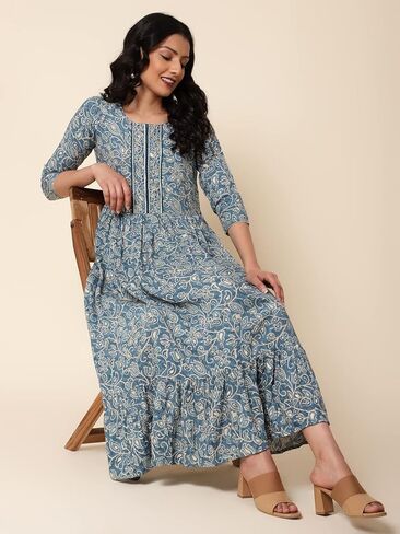 فستان Bani النسائي من مزيج القطن بنقشة الزهور، بياقة ياقة، 3/4 كم، طول ربلة الساق، فستان متوسط ​​الطول بنقشة الزهور للفتيات in Kuwait