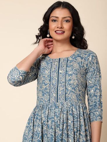 فستان Bani النسائي من مزيج القطن بنقشة الزهور، بياقة ياقة، 3/4 كم، طول ربلة الساق، فستان متوسط ​​الطول بنقشة الزهور للفتيات in Kuwait