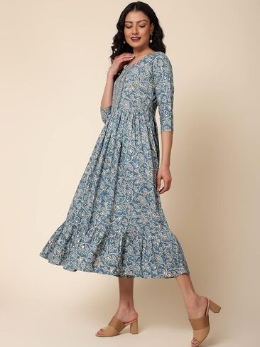 فستان Bani النسائي من مزيج القطن بنقشة الزهور، بياقة ياقة، 3/4 كم، طول ربلة الساق، فستان متوسط ​​الطول بنقشة الزهور للفتيات in Kuwait