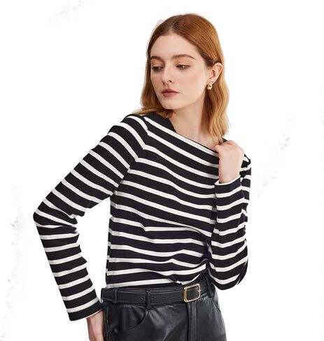 سترة نسائية ASSUAL من القطن برقبة قارب وقصة ضيقة وأكمام طويلة مخططة in Kuwait