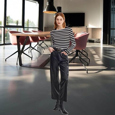 سترة نسائية ASSUAL من القطن برقبة قارب وقصة ضيقة وأكمام طويلة مخططة in Kuwait