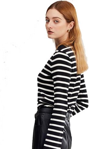 سترة نسائية ASSUAL من القطن برقبة قارب وقصة ضيقة وأكمام طويلة مخططة in Kuwait