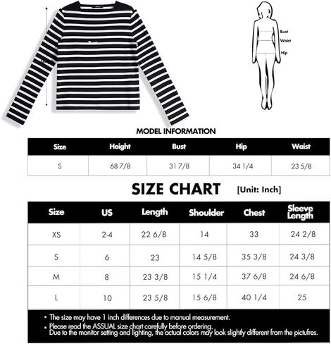 سترة نسائية ASSUAL من القطن برقبة قارب وقصة ضيقة وأكمام طويلة مخططة in Kuwait