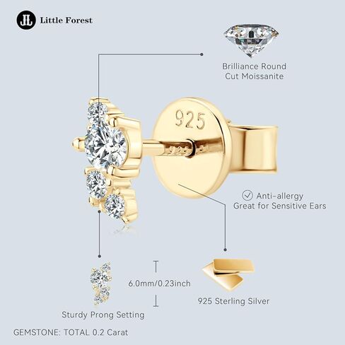 Little Forest Moissanite Stud Earrings, 925 Sterling Silver D Color Simulated Diamond Earrings, Dainty Stylish Fashion Jewelry for Women Teen Mom, Sensitive Ears Hypoallergenic with 14K White Gold/ Yellow Gold Plated, Gift Box Included in Kuwait