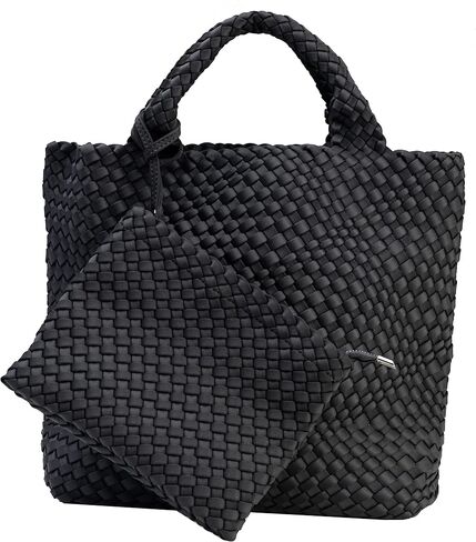 State of Bliss Onyx Neoprene Woven Hobo Tote with Top Handle and Detachable Woven Wristlet Clutch - Lightweight, Water-resistant, and Spacious Designer Lookalike Tote Bag for Beach, Gym, and Travel in Saudi Arabia