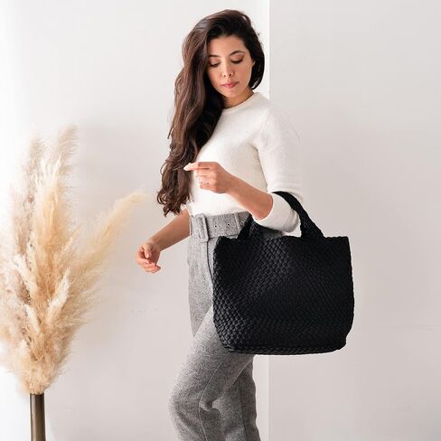 State of Bliss Onyx Neoprene Woven Hobo Tote with Top Handle and Detachable Woven Wristlet Clutch - Lightweight, Water-resistant, and Spacious Designer Lookalike Tote Bag for Beach, Gym, and Travel in Saudi Arabia