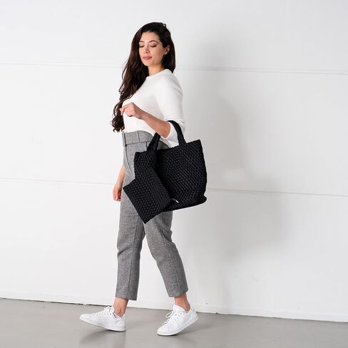 State of Bliss Onyx Neoprene Woven Hobo Tote with Top Handle and Detachable Woven Wristlet Clutch - Lightweight, Water-resistant, and Spacious Designer Lookalike Tote Bag for Beach, Gym, and Travel in Saudi Arabia