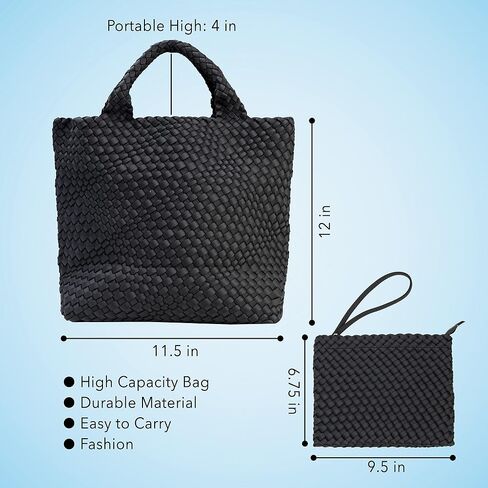 State of Bliss Onyx Neoprene Woven Hobo Tote with Top Handle and Detachable Woven Wristlet Clutch - Lightweight, Water-resistant, and Spacious Designer Lookalike Tote Bag for Beach, Gym, and Travel in Saudi Arabia