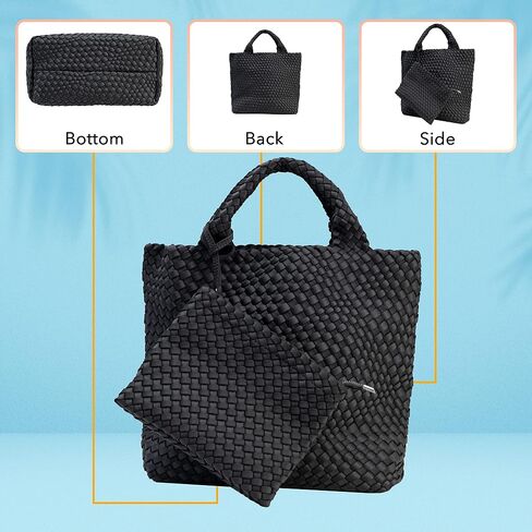 State of Bliss Onyx Neoprene Woven Hobo Tote with Top Handle and Detachable Woven Wristlet Clutch - Lightweight, Water-resistant, and Spacious Designer Lookalike Tote Bag for Beach, Gym, and Travel in Saudi Arabia