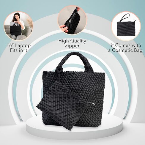 State of Bliss Onyx Neoprene Woven Hobo Tote with Top Handle and Detachable Woven Wristlet Clutch - Lightweight, Water-resistant, and Spacious Designer Lookalike Tote Bag for Beach, Gym, and Travel in Saudi Arabia