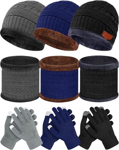 3 Pieces Winter Knit Hat Neck Warmer Scarf and Touch Screen Gloves Set Warm Thick Lined Skull Cap for Unisex Adult Men Women in Saudi Arabia