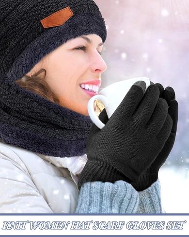 3 Pieces Winter Knit Hat Neck Warmer Scarf and Touch Screen Gloves Set Warm Thick Lined Skull Cap for Unisex Adult Men Women in Saudi Arabia