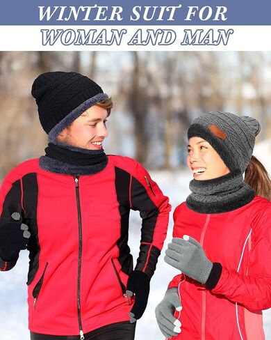 3 Pieces Winter Knit Hat Neck Warmer Scarf and Touch Screen Gloves Set Warm Thick Lined Skull Cap for Unisex Adult Men Women in Saudi Arabia