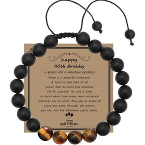 jecxucci 21st/30th/40th/50th/60th Birthday Gift for Women Men Boy Girl Teen Black Onyx Tiger Eye Natural Stone Beaded Bracelet with Wish Card and Gifts Box, Birthday Gifts for Him